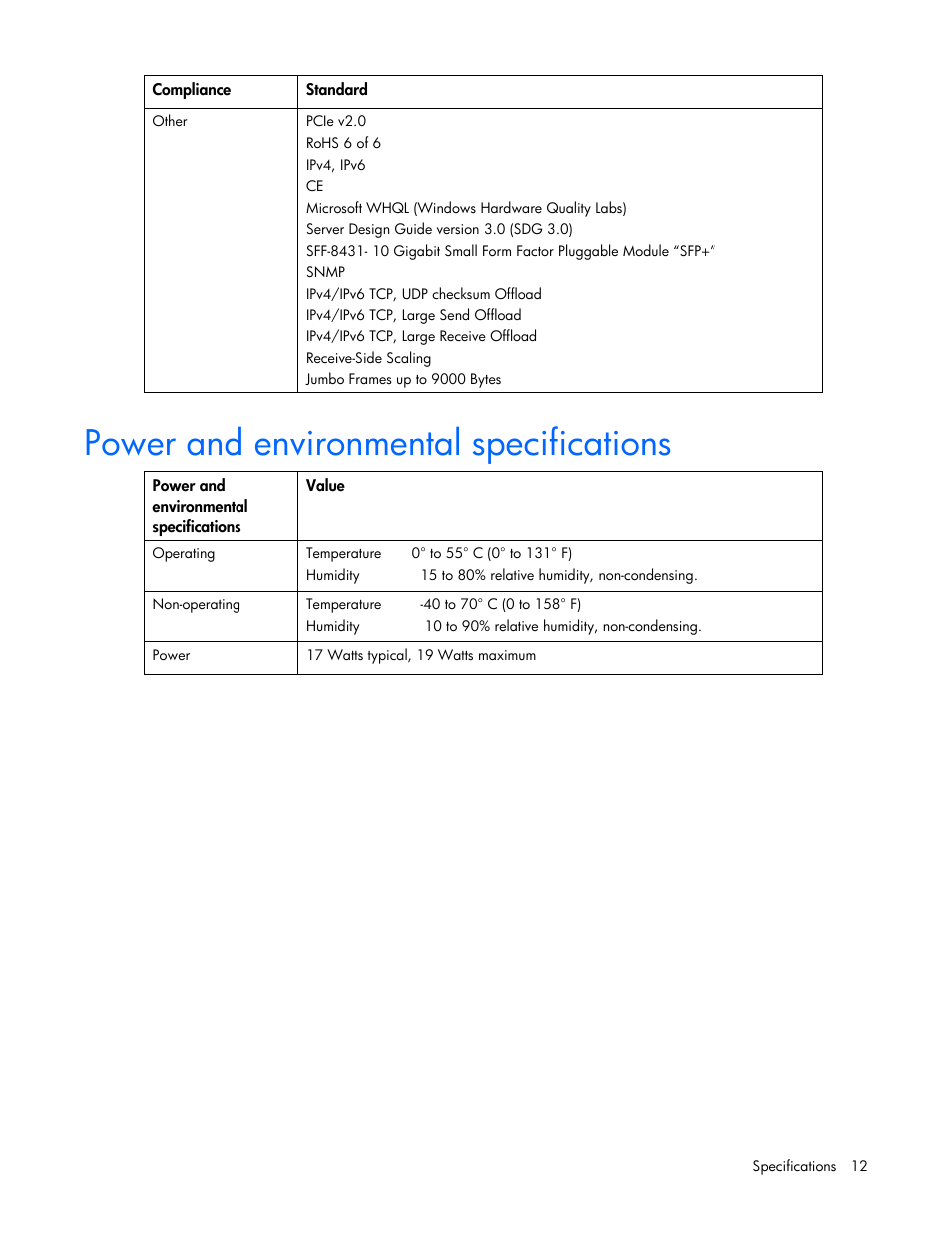 Power and environmental specifications | HP NC523SFP 10Gb 2-port Server Adapter User Manual | Page 12 / 17