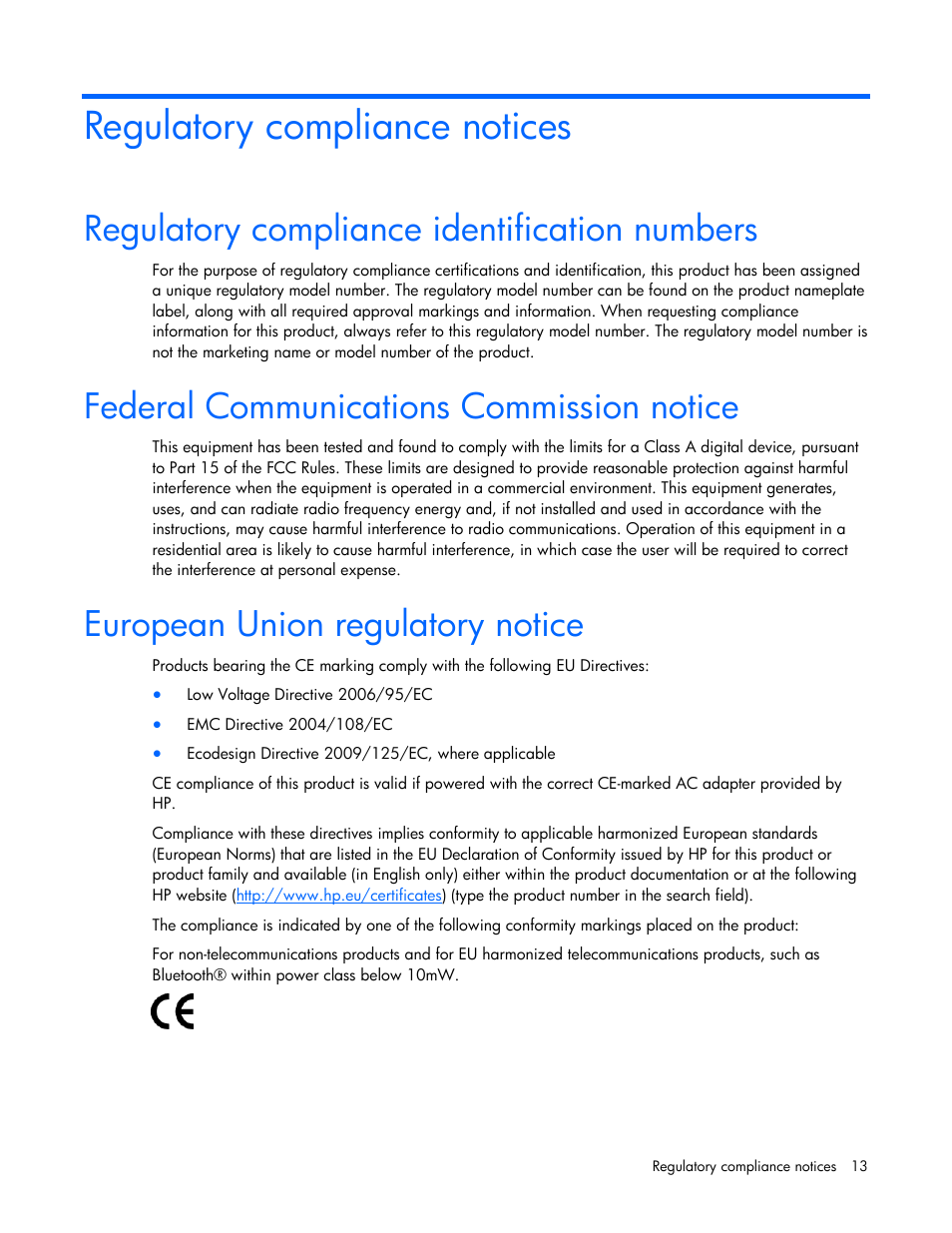 Regulatory compliance notices, Regulatory compliance identification numbers, Federal communications commission notice | European union regulatory notice | HP NC523SFP 10Gb 2-port Server Adapter User Manual | Page 13 / 17