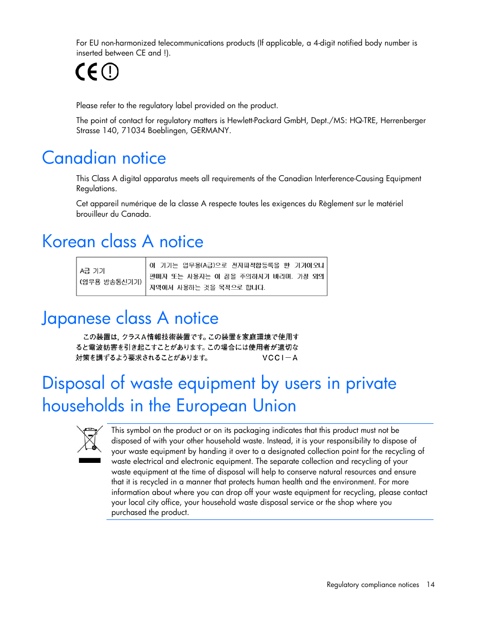 Canadian notice, Korean class a notice, Japanese class a notice | HP NC523SFP 10Gb 2-port Server Adapter User Manual | Page 14 / 17