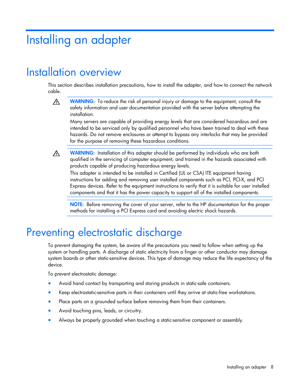 Installing an adapter, Installation overview, Preventing electrostatic discharge | HP NC523SFP 10Gb 2-port Server Adapter User Manual | Page 8 / 17