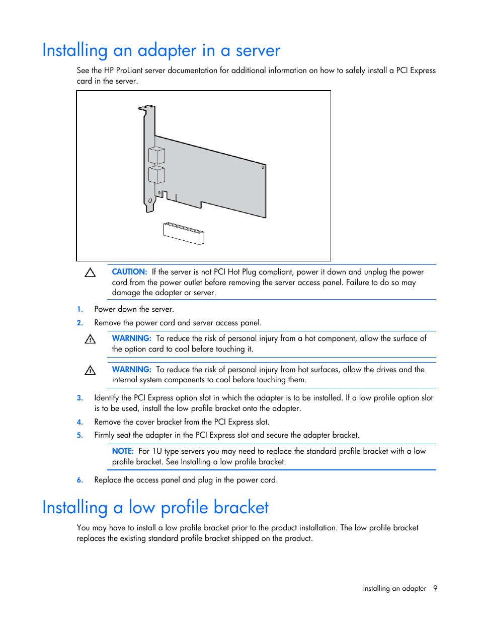 Installing an adapter in a server, Installing a low profile bracket | HP NC523SFP 10Gb 2-port Server Adapter User Manual | Page 9 / 17