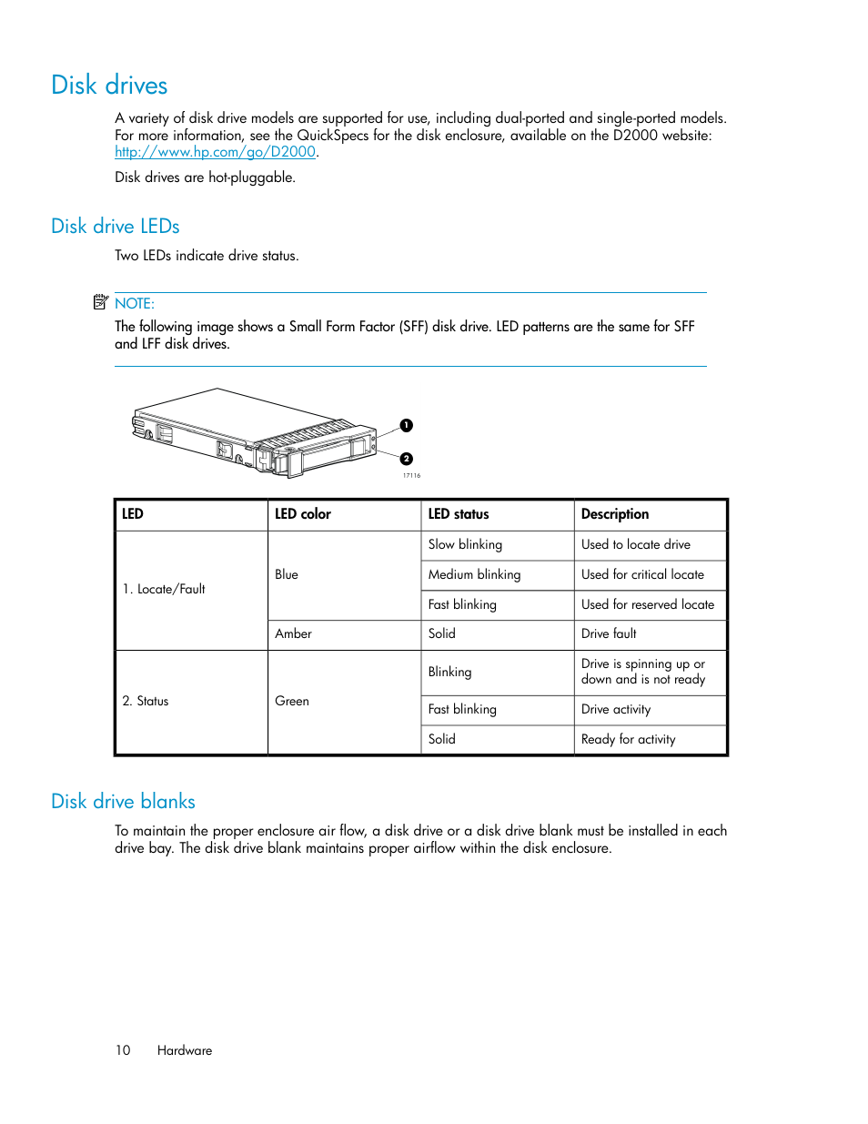 Disk drives, Disk drive leds, Disk drive blanks | 10 disk drive blanks | HP D2000 Disk Enclosures User Manual | Page 10 / 76