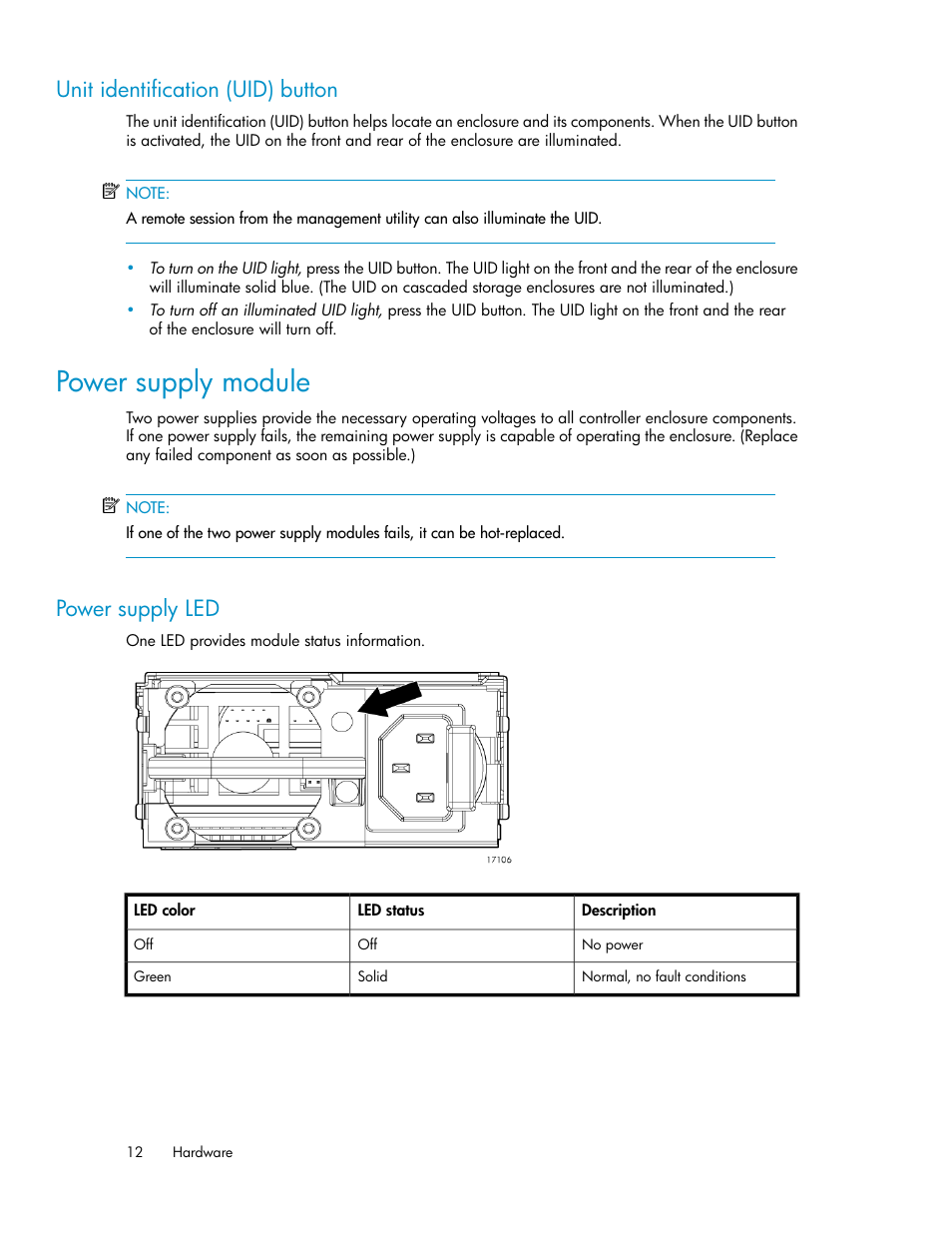 Unit identification (uid) button, Power supply module, Power supply led | HP D2000 Disk Enclosures User Manual | Page 12 / 76