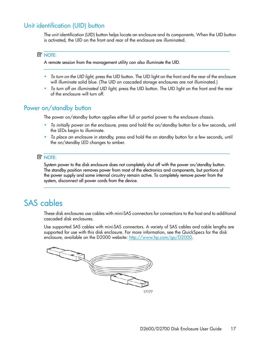 Unit identification (uid) button, Power on/standby button, Sas cables | 17 power on/standby button | HP D2000 Disk Enclosures User Manual | Page 17 / 76