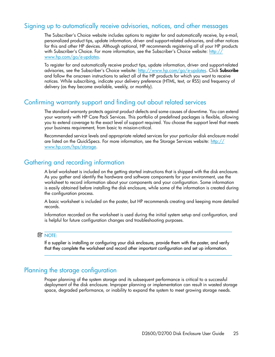 Gathering and recording information, Planning the storage configuration, 25 gathering and recording information | 25 planning the storage configuration | HP D2000 Disk Enclosures User Manual | Page 25 / 76
