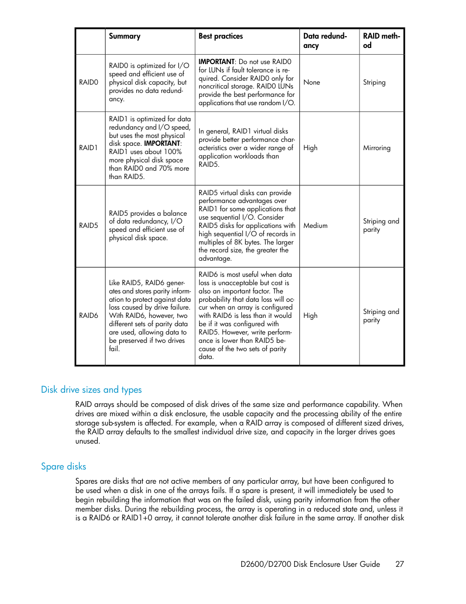 Disk drive sizes and types, Spare disks, 27 spare disks | HP D2000 Disk Enclosures User Manual | Page 27 / 76