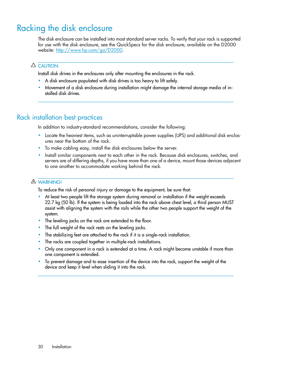 Racking the disk enclosure, Rack installation best practices | HP D2000 Disk Enclosures User Manual | Page 30 / 76