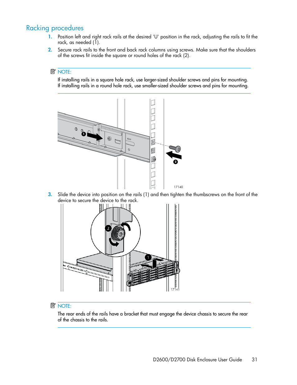 Racking procedures | HP D2000 Disk Enclosures User Manual | Page 31 / 76