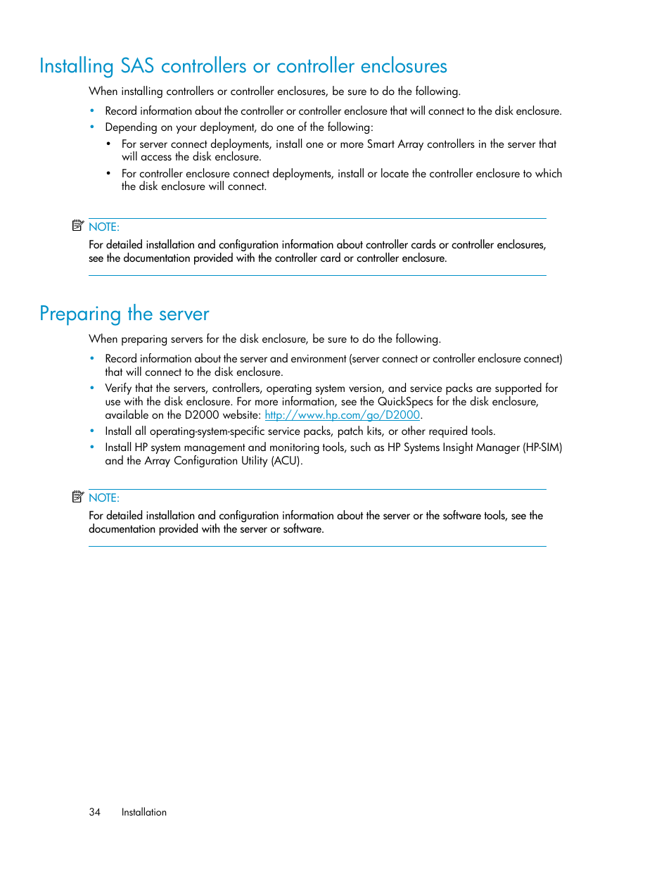 Preparing the server, 34 preparing the server | HP D2000 Disk Enclosures User Manual | Page 34 / 76