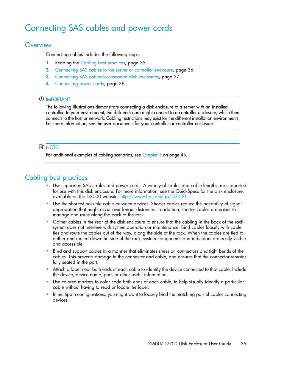 Connecting sas cables and power cords, Overview, Cabling best practices | 35 cabling best practices | HP D2000 Disk Enclosures User Manual | Page 35 / 76