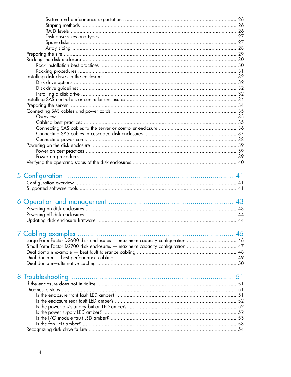 5 configuration, 6 operation and management, 7 cabling examples | 8 troubleshooting | HP D2000 Disk Enclosures User Manual | Page 4 / 76