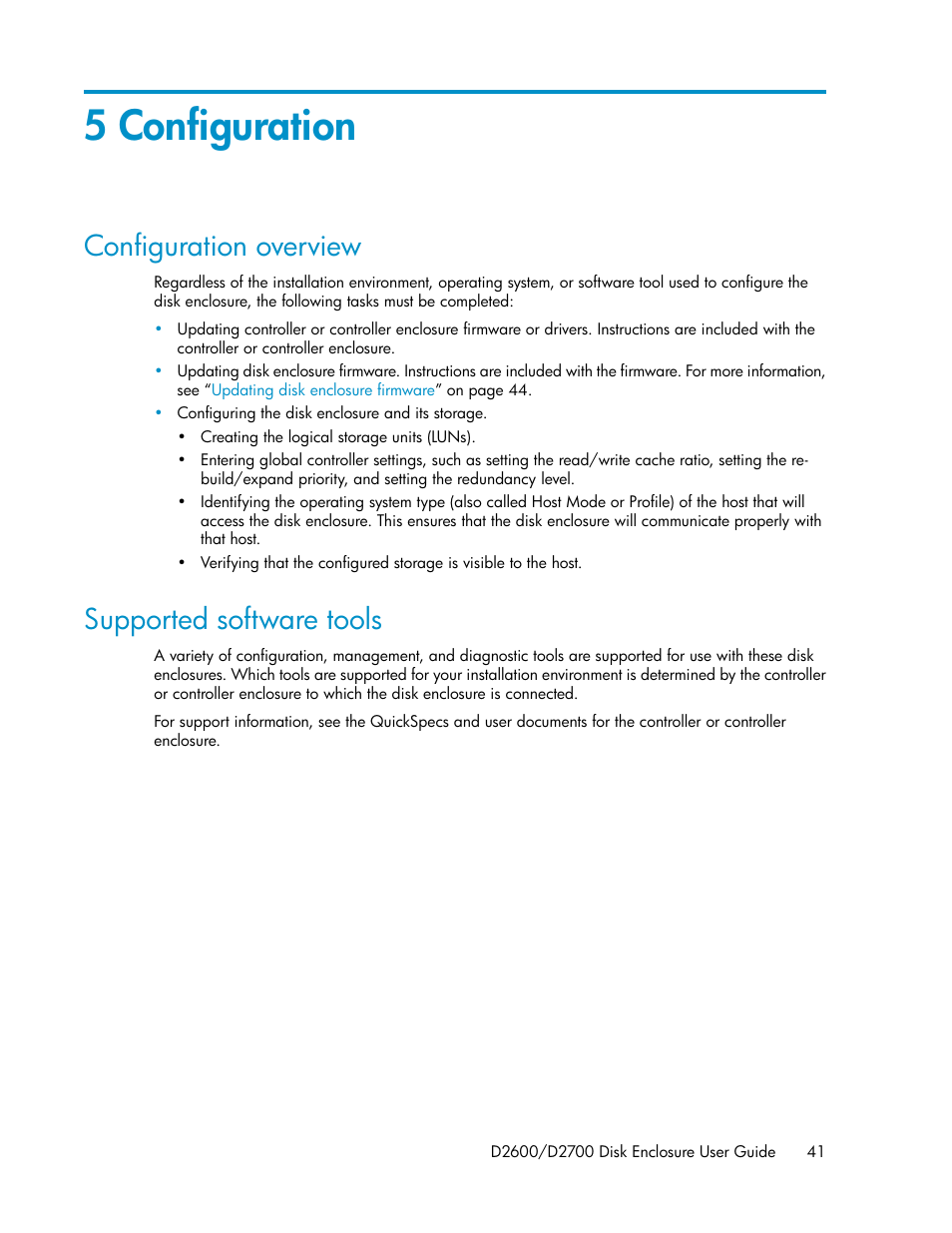 5 configuration, Configuration overview, Supported software tools | 41 supported software tools | HP D2000 Disk Enclosures User Manual | Page 41 / 76