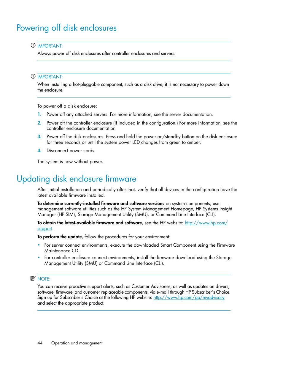 Powering off disk enclosures, Updating disk enclosure firmware, 44 updating disk enclosure firmware | HP D2000 Disk Enclosures User Manual | Page 44 / 76