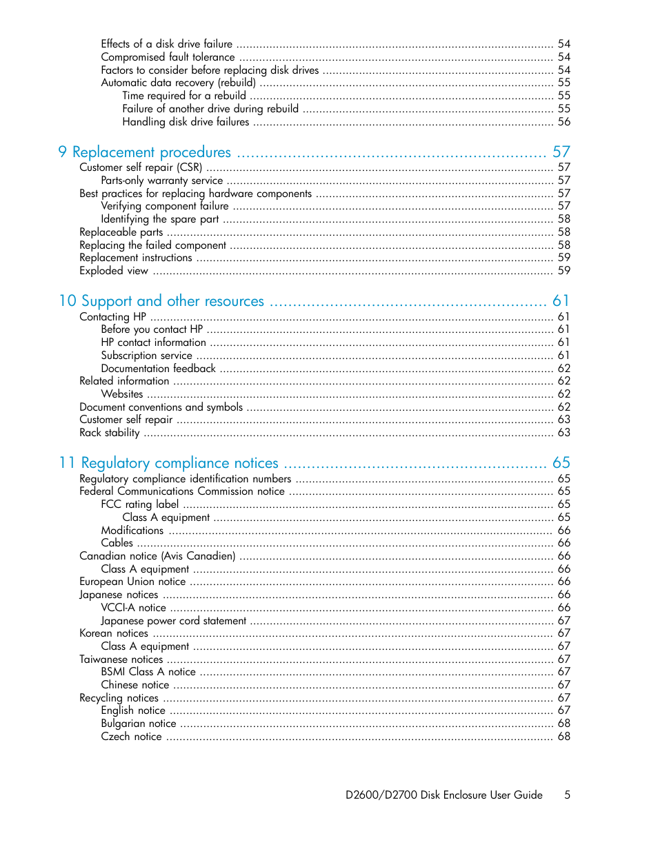 9 replacement procedures, 10 support and other resources, 11 regulatory compliance notices | HP D2000 Disk Enclosures User Manual | Page 5 / 76