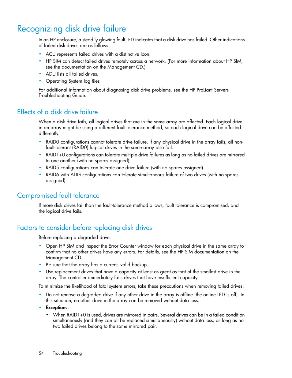 Recognizing disk drive failure, Effects of a disk drive failure, Compromised fault tolerance | Factors to consider before replacing disk drives, 54 compromised fault tolerance | HP D2000 Disk Enclosures User Manual | Page 54 / 76