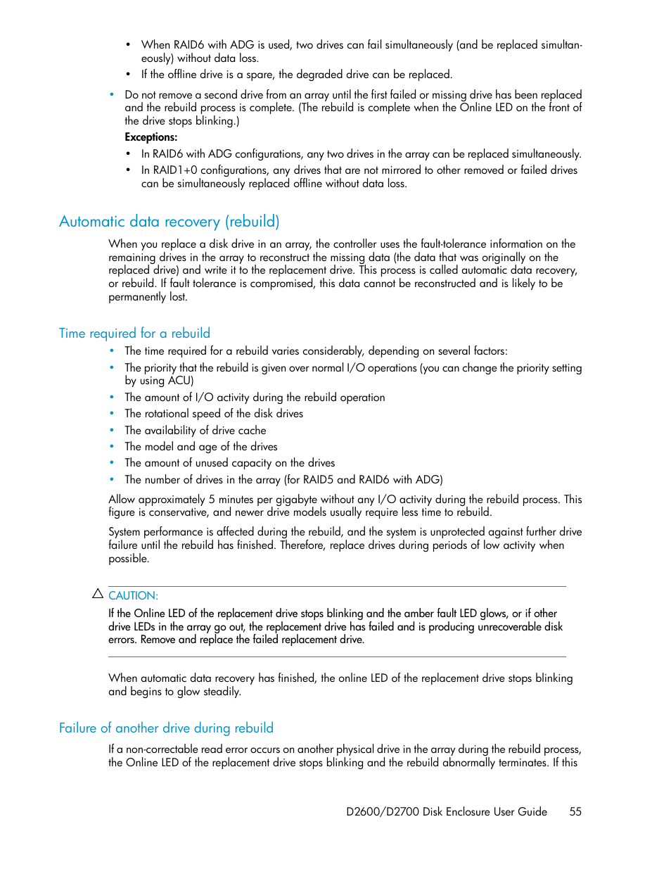 Automatic data recovery (rebuild), Time required for a rebuild, Failure of another drive during rebuild | 55 failure of another drive during rebuild | HP D2000 Disk Enclosures User Manual | Page 55 / 76