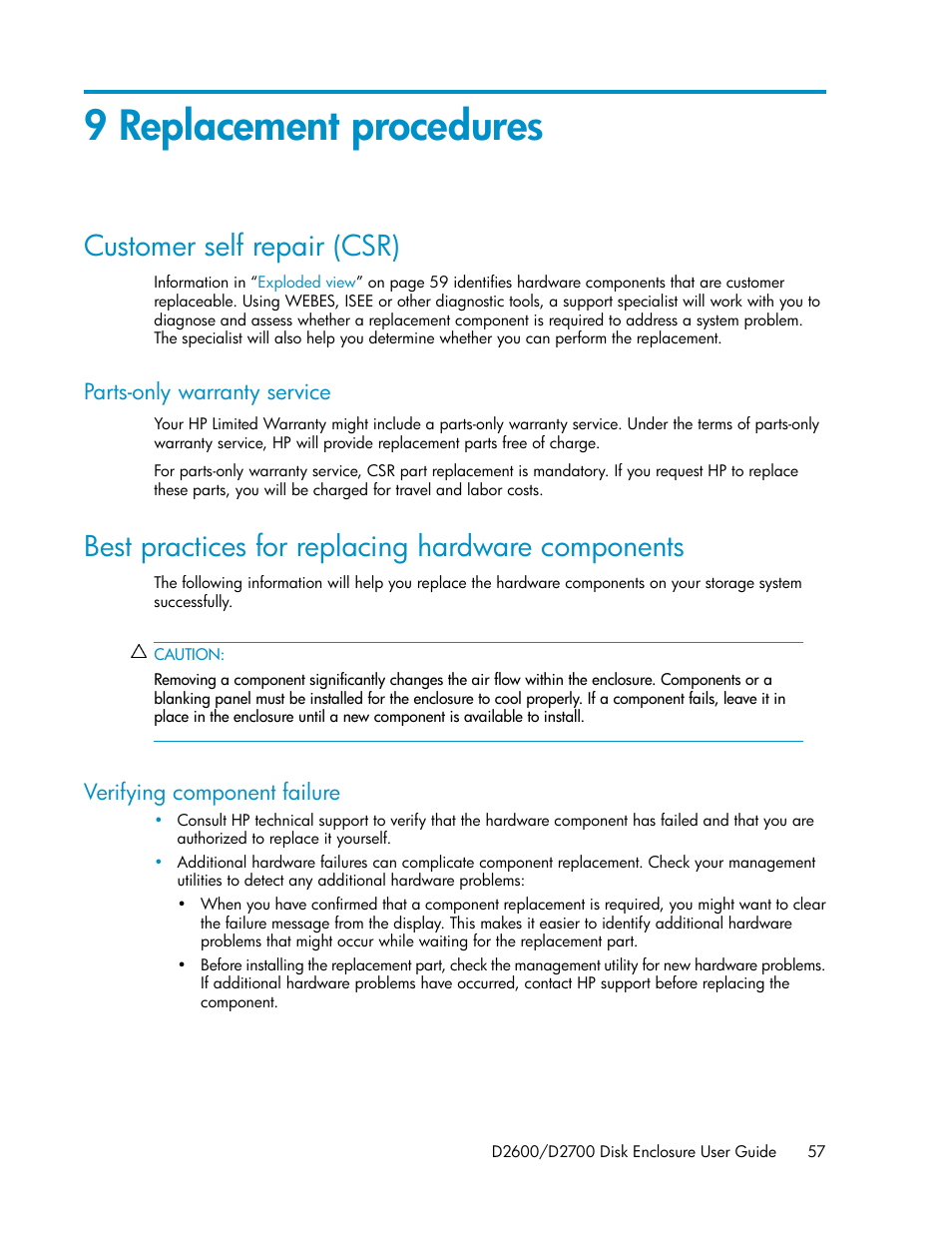 9 replacement procedures, Customer self repair (csr), Parts-only warranty service | Best practices for replacing hardware components, Verifying component failure | HP D2000 Disk Enclosures User Manual | Page 57 / 76