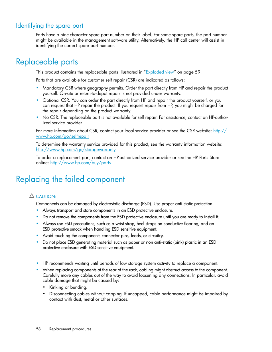 Identifying the spare part, Replaceable parts, Replacing the failed component | 58 replacing the failed component | HP D2000 Disk Enclosures User Manual | Page 58 / 76