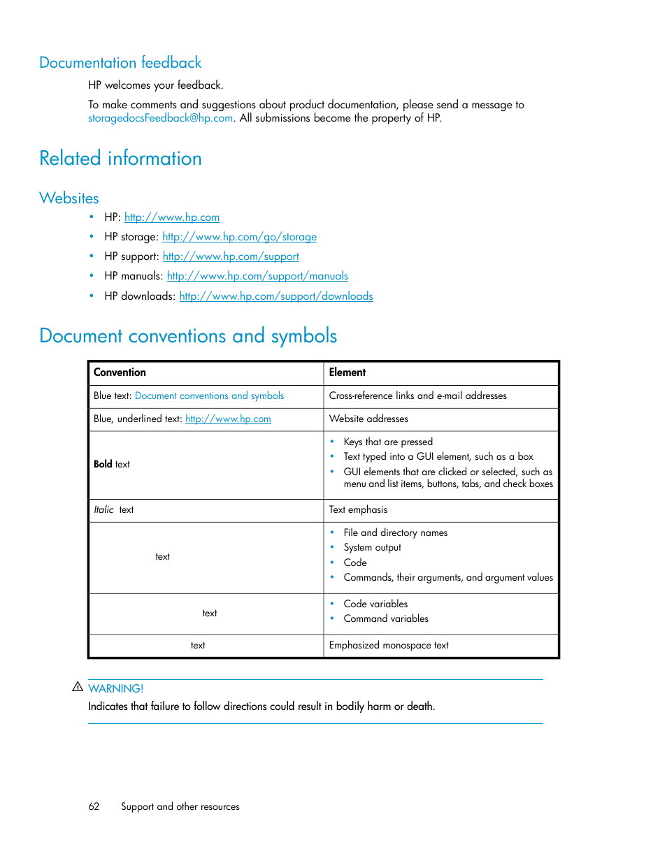 Documentation feedback, Related information, Websites | Document conventions and symbols | HP D2000 Disk Enclosures User Manual | Page 62 / 76