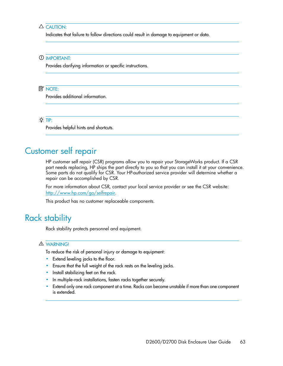 Customer self repair, Rack stability, 63 rack stability | HP D2000 Disk Enclosures User Manual | Page 63 / 76