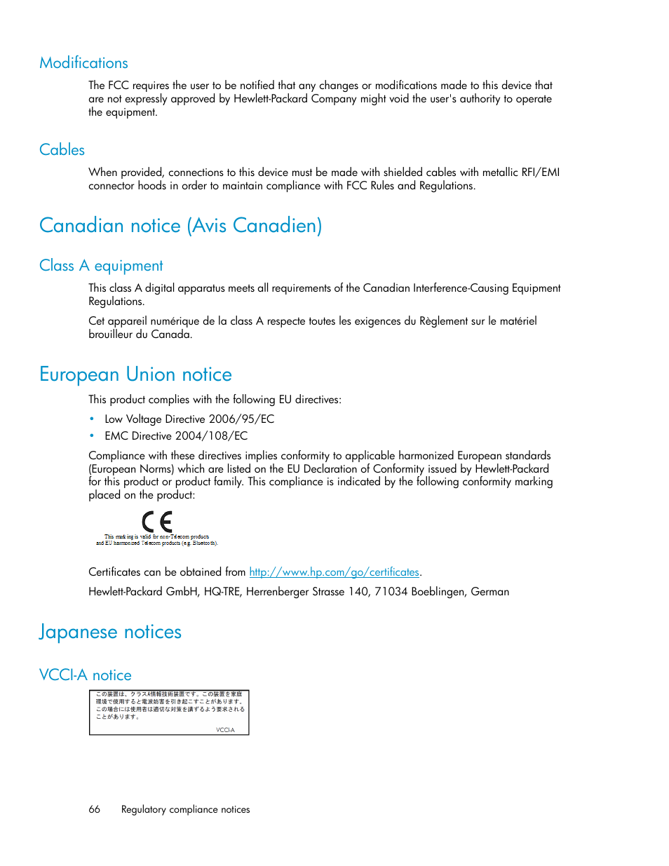 Modifications, Cables, Canadian notice (avis canadien) | Class a equipment, European union notice, Japanese notices, Vcci-a notice, 66 cables, 66 japanese notices | HP D2000 Disk Enclosures User Manual | Page 66 / 76