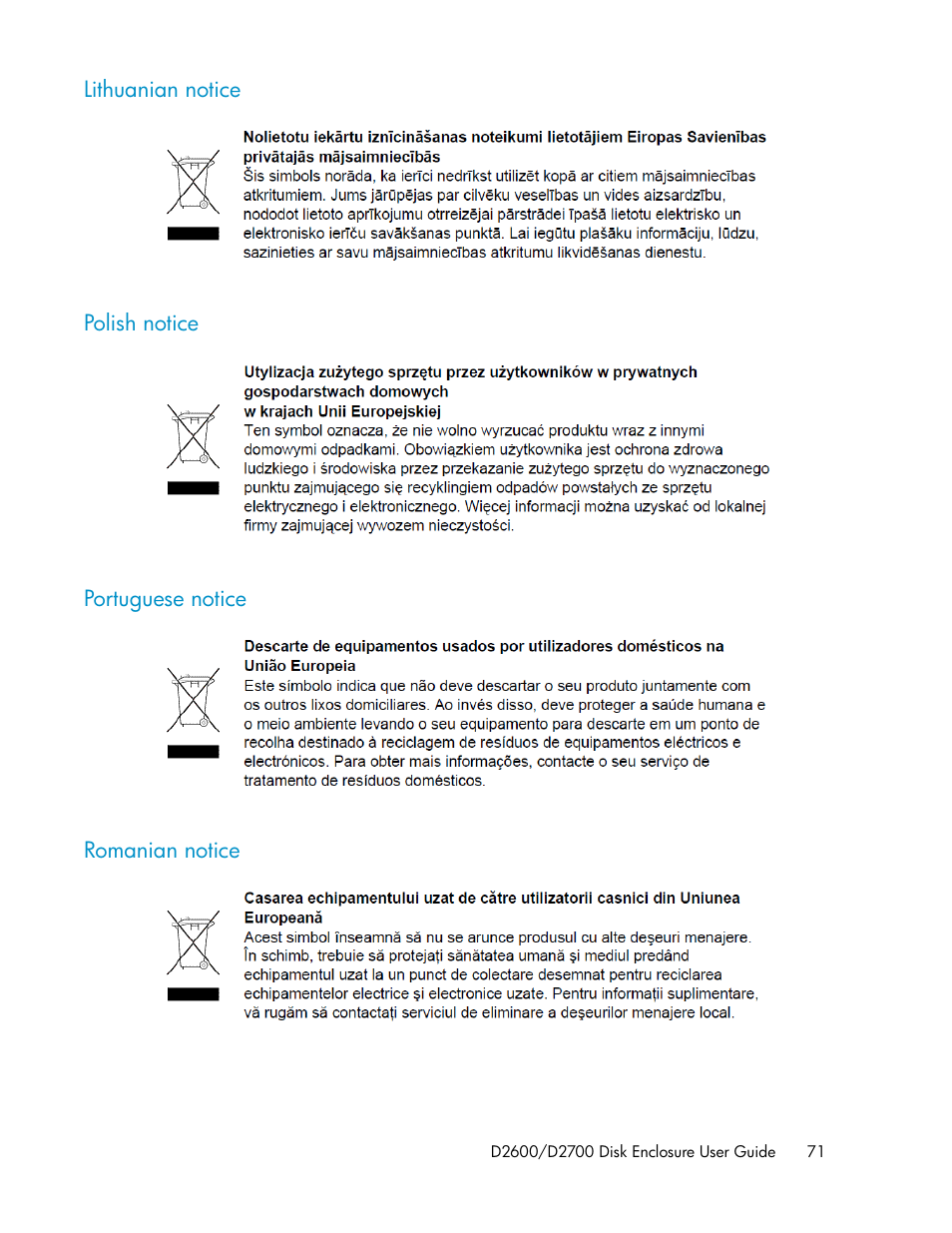 Lithuanian notice, Polish notice, Portuguese notice | Romanian notice, 71 polish notice, 71 portuguese notice, 71 romanian notice | HP D2000 Disk Enclosures User Manual | Page 71 / 76