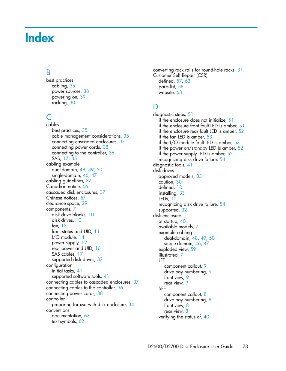 Index | HP D2000 Disk Enclosures User Manual | Page 73 / 76