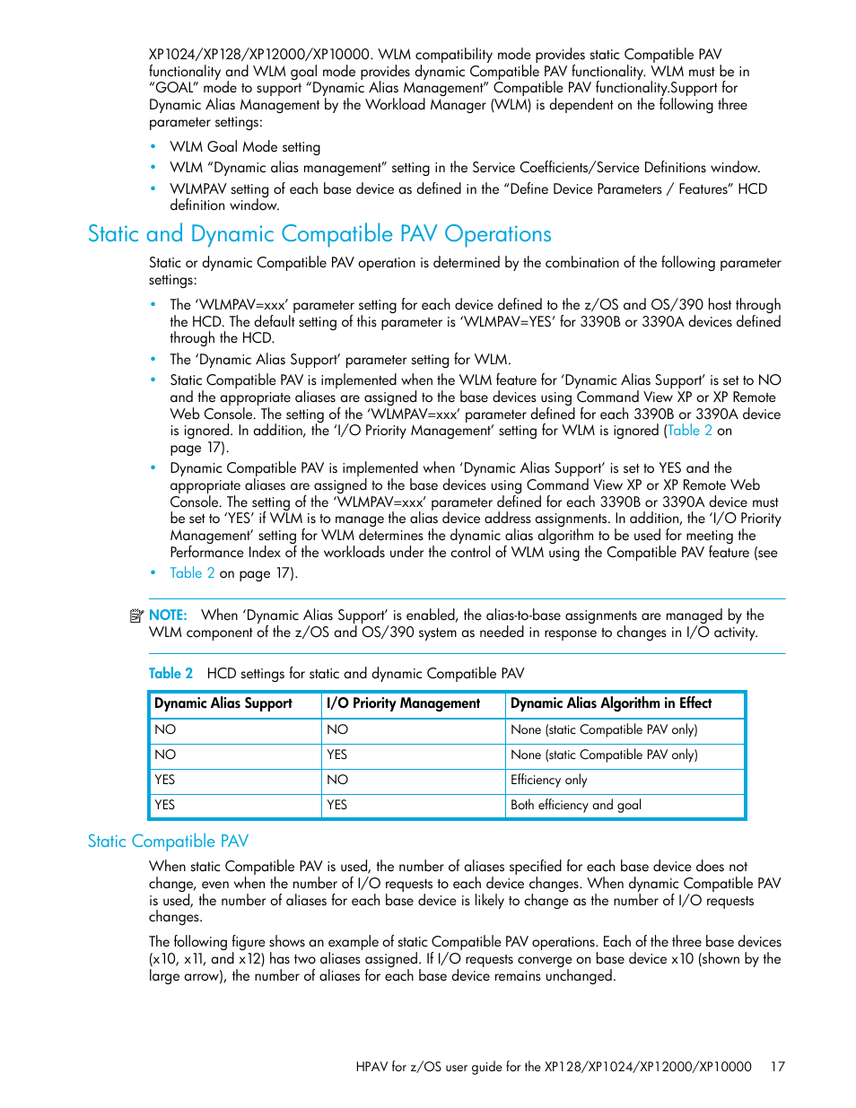 Static and dynamic compatible pav operations, Static compatible pav, Static | And dynamic compatible pav operations, Wlmpav setting of each base device as defined in | HP StorageWorks XP Remote Web Console Software User Manual | Page 17 / 64