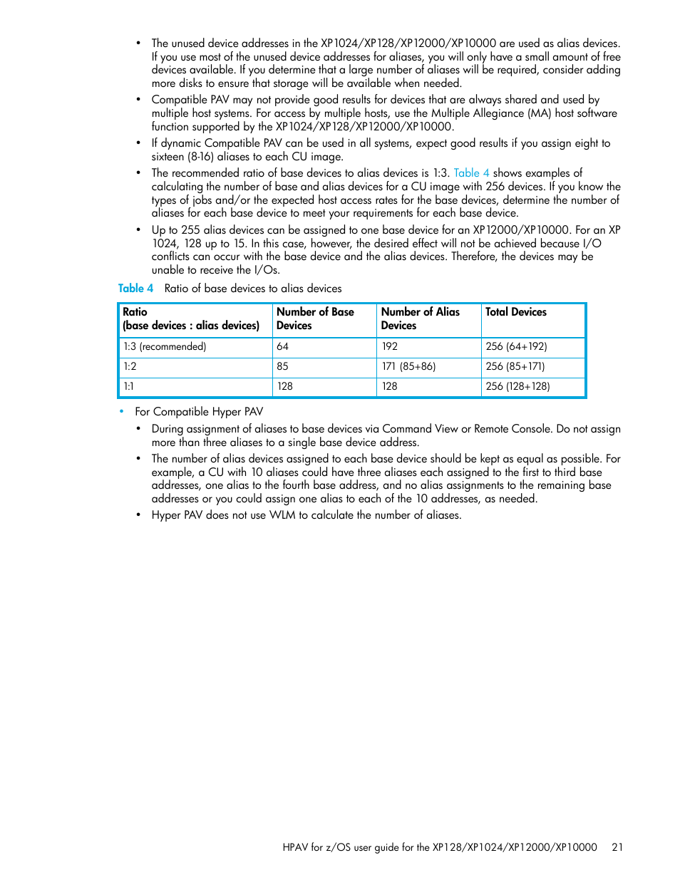 Table 4 ratio of base devices to alias devices, 4 ratio of base devices to alias devices | HP StorageWorks XP Remote Web Console Software User Manual | Page 21 / 64