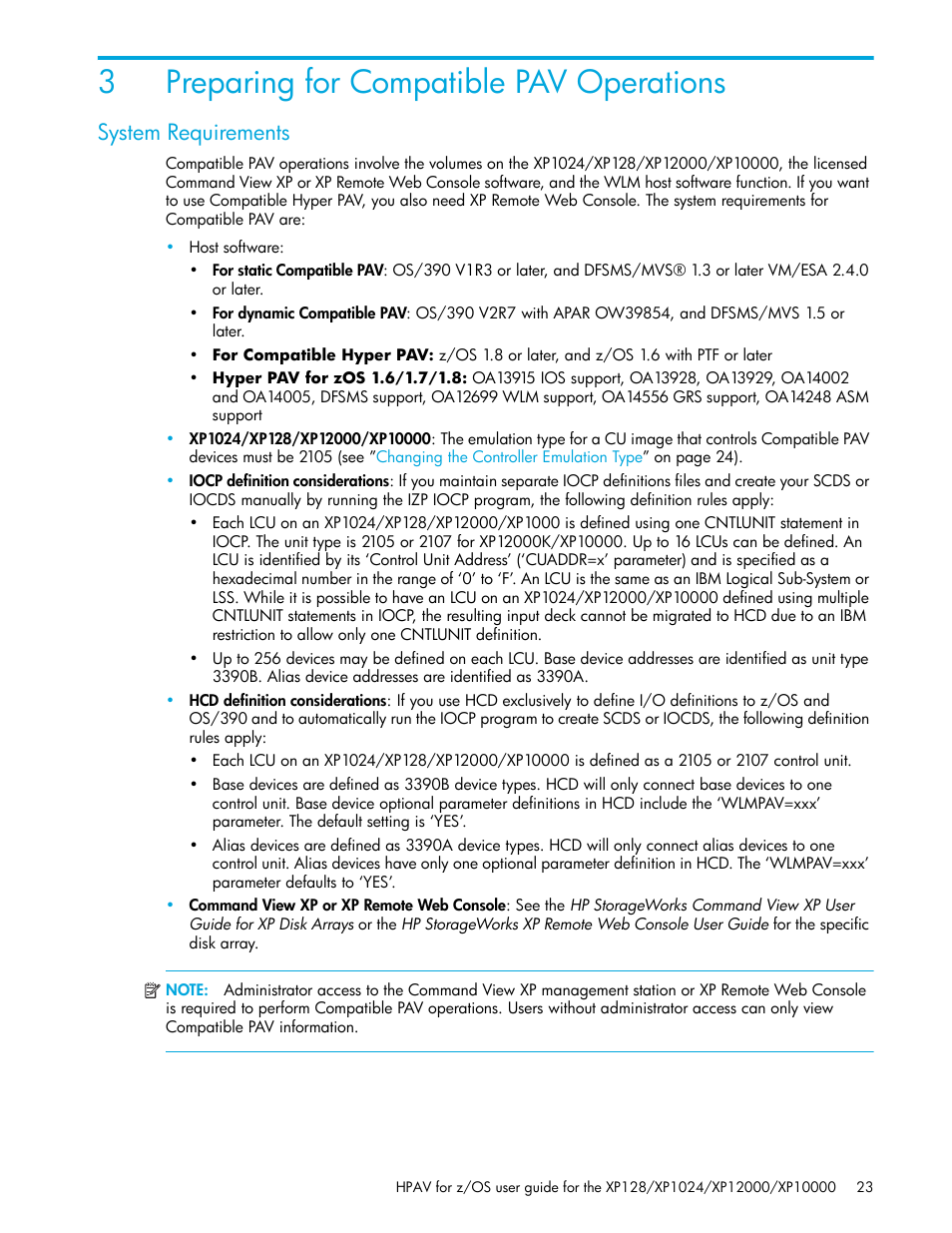 Preparing for compatible pav operations, System requirements, 3 preparing for compatible pav operations | 3preparing for compatible pav operations | HP StorageWorks XP Remote Web Console Software User Manual | Page 23 / 64