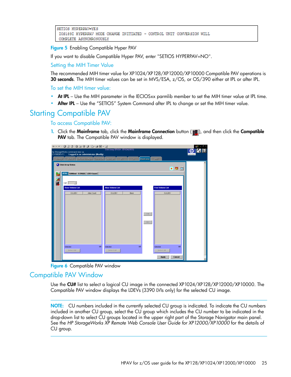 Figure 5 enabling compatible hyper pav, Setting the mih timer value, To set the mih timer value | Starting compatible pav, To access compatible pav, Figure 6 compatible pav window, Compatible pav window, 5 enabling compatible hyper pav, 6 compatible pav window | HP StorageWorks XP Remote Web Console Software User Manual | Page 25 / 64