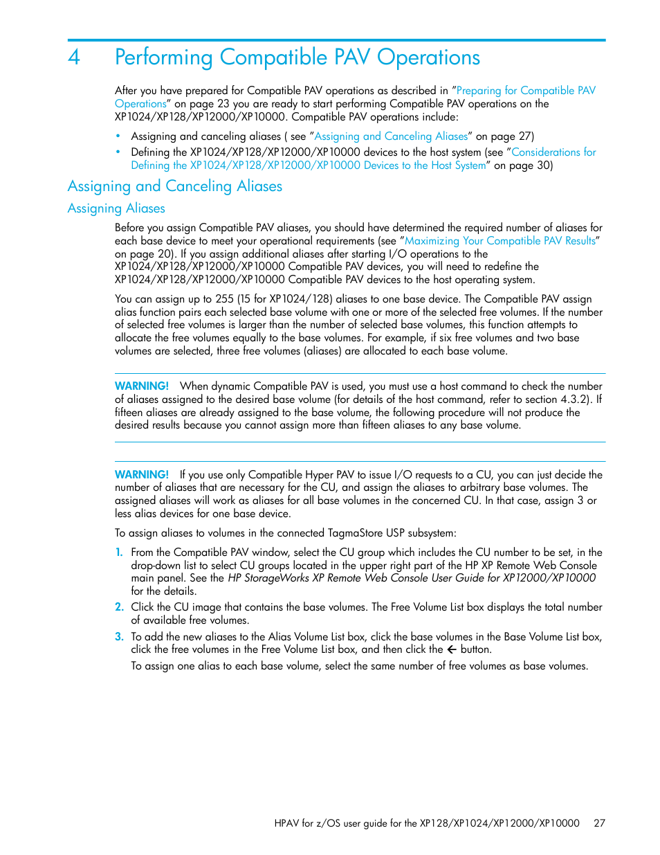 Performing compatible pav operations, Assigning and canceling aliases, Assigning aliases | 4 performing compatible pav operations, 4performing compatible pav operations | HP StorageWorks XP Remote Web Console Software User Manual | Page 27 / 64