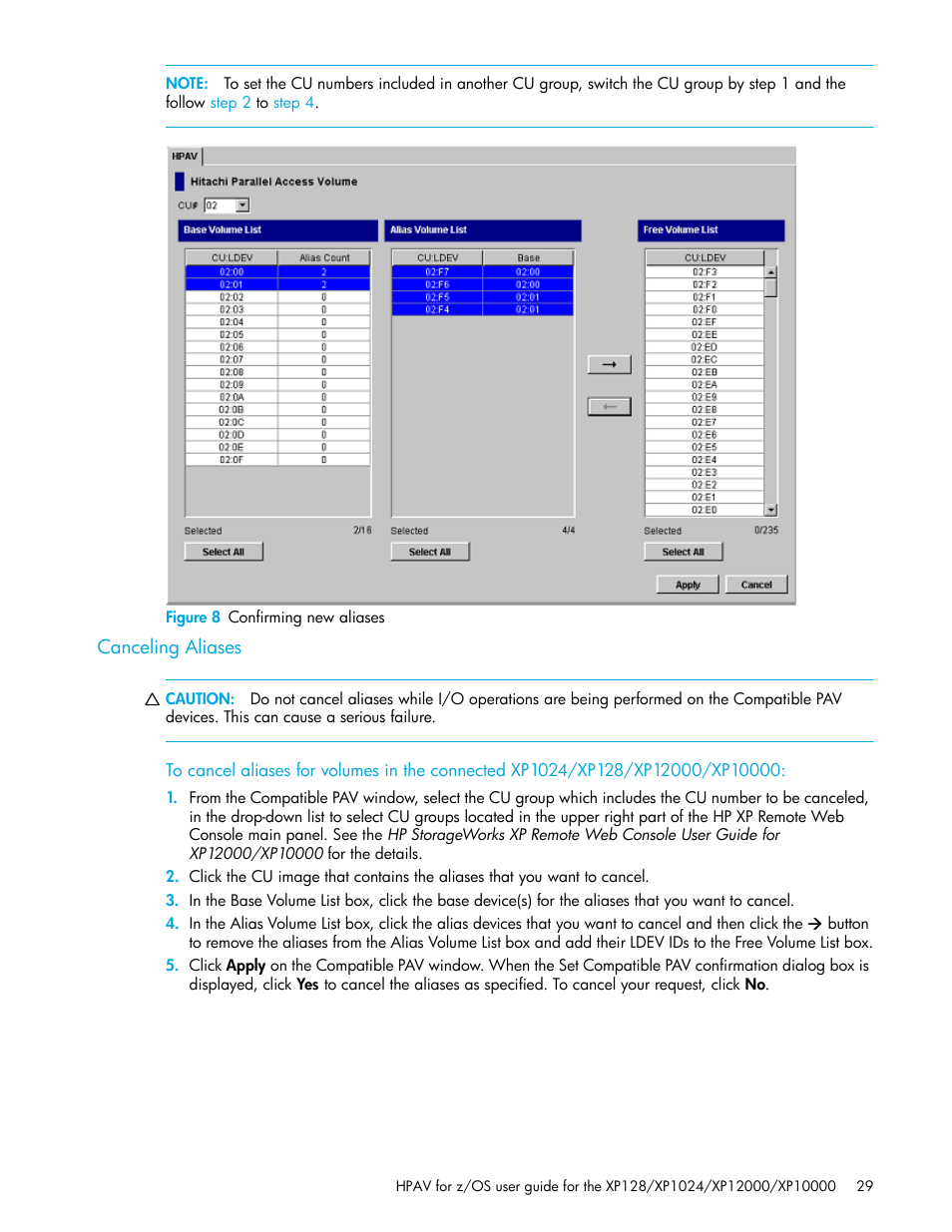 Figure 8 confirming new aliases, Canceling aliases, 8 confirming new aliases | HP StorageWorks XP Remote Web Console Software User Manual | Page 29 / 64