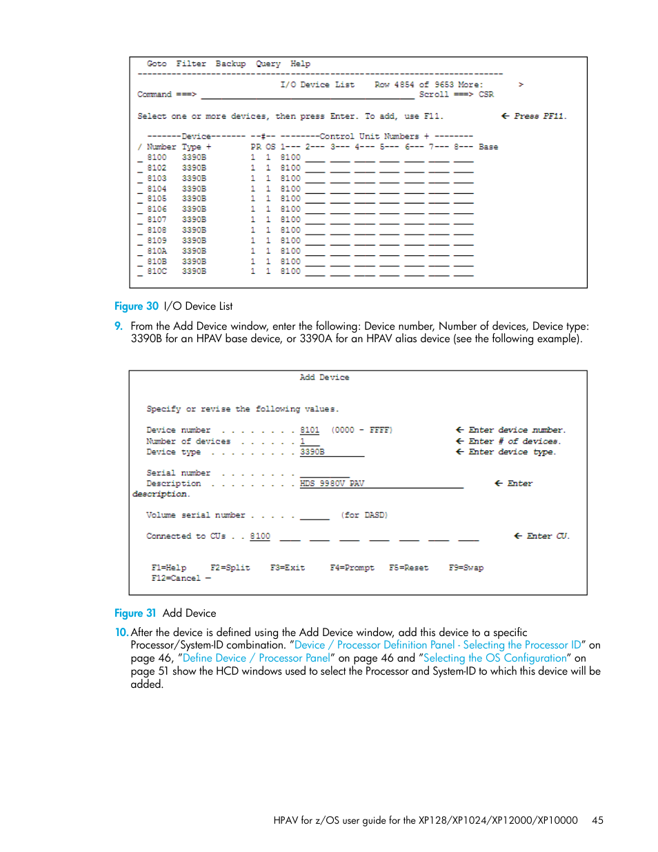 Figure 30 i/o device list, Figure 31 add device, 30 i/o device list | 31 add device | HP StorageWorks XP Remote Web Console Software User Manual | Page 45 / 64