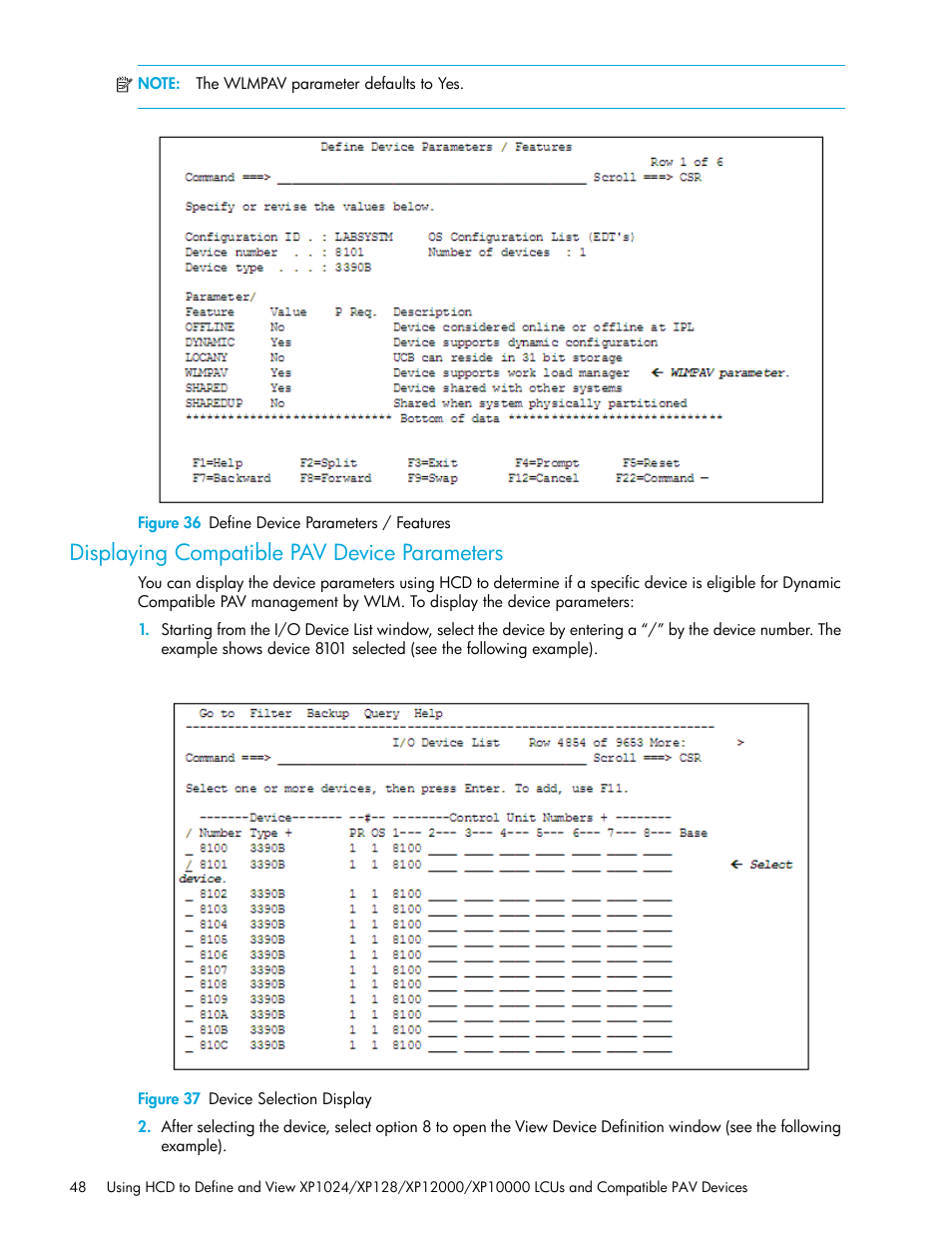 Figure 36 define device parameters / features, Displaying compatible pav device parameters, Figure 37 device selection display | 36 define device parameters / features, 37 device selection display | HP StorageWorks XP Remote Web Console Software User Manual | Page 48 / 64