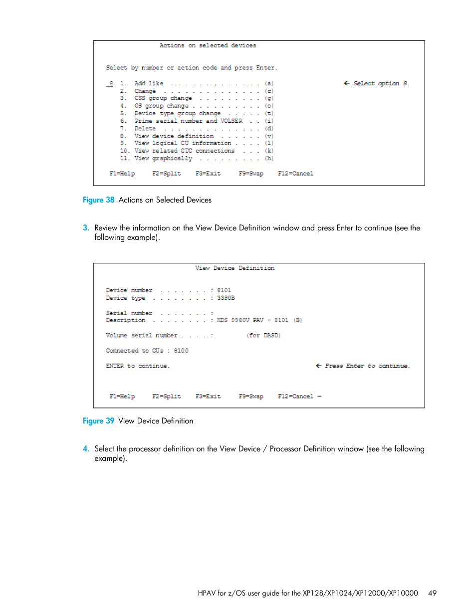 Figure 38 actions on selected devices, Figure 39 view device definition, 38 actions on selected devices | 39 view device definition | HP StorageWorks XP Remote Web Console Software User Manual | Page 49 / 64