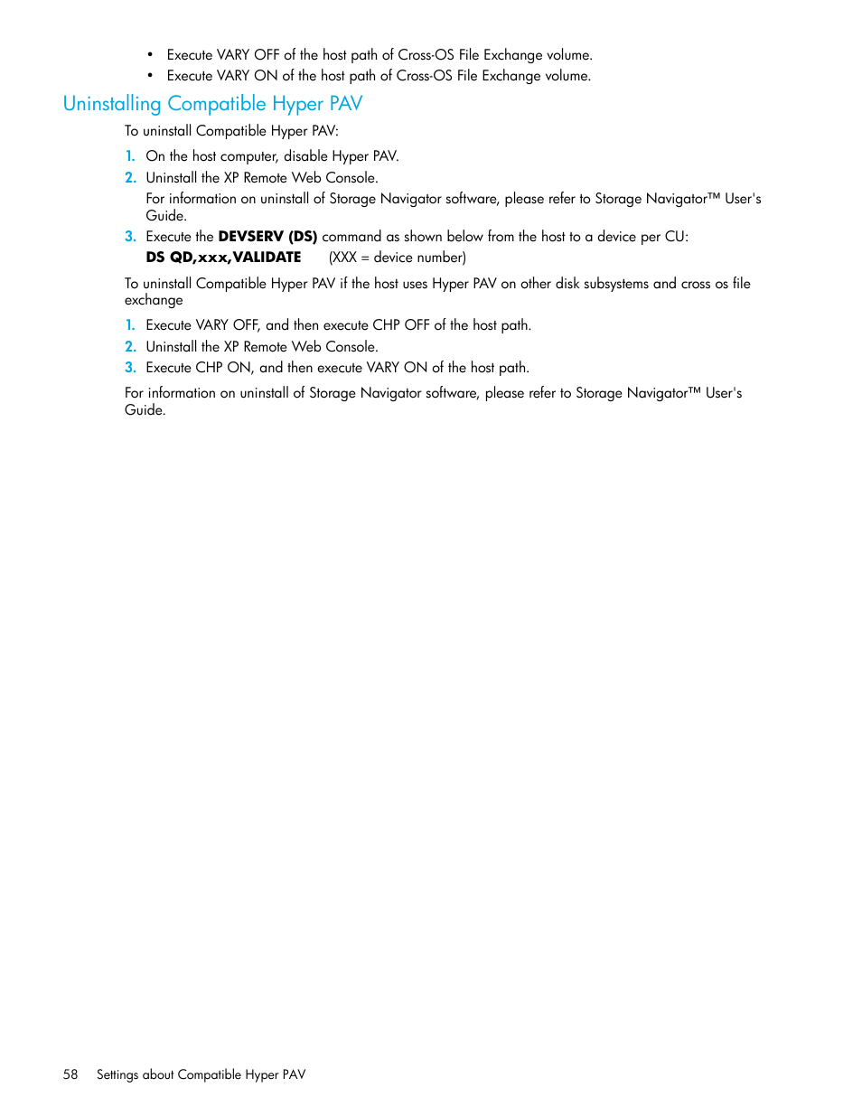 Uninstalling compatible hyper pav | HP StorageWorks XP Remote Web Console Software User Manual | Page 58 / 64