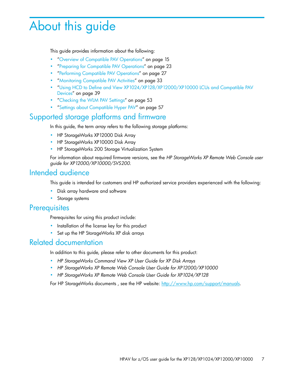 Supported storage platforms and firmware, Intended audience, Prerequisites | Related documentation, About this guide | HP StorageWorks XP Remote Web Console Software User Manual | Page 7 / 64