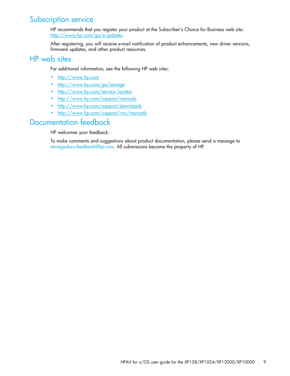 Subscription service, Hp web sites, Documentation feedback | HP StorageWorks XP Remote Web Console Software User Manual | Page 9 / 64