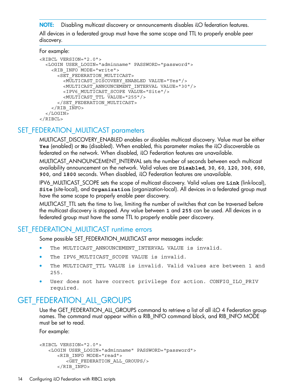Set_federation_multicast parameters, Set_federation_multicast runtime errors, Get_federation_all_groups | HP Integrated Lights-Out 4 User Manual | Page 14 / 45