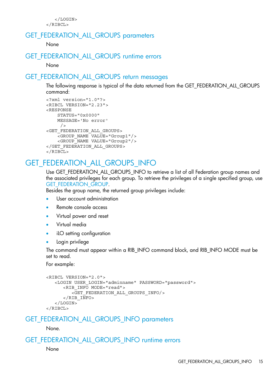 Get_federation_all_groups parameters, Get_federation_all_groups runtime errors, Get_federation_all_groups return messages | Get_federation_all_groups_info, Get_federation_all_groups_info parameters, Get_federation_all_groups_info runtime errors | HP Integrated Lights-Out 4 User Manual | Page 15 / 45