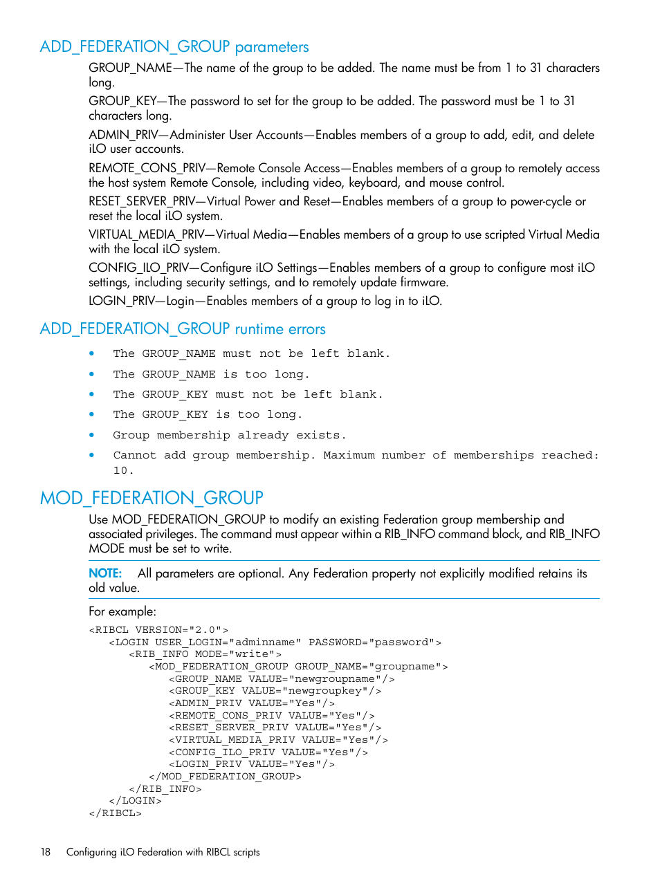 Add_federation_group parameters, Add_federation_group runtime errors, Mod_federation_group | HP Integrated Lights-Out 4 User Manual | Page 18 / 45
