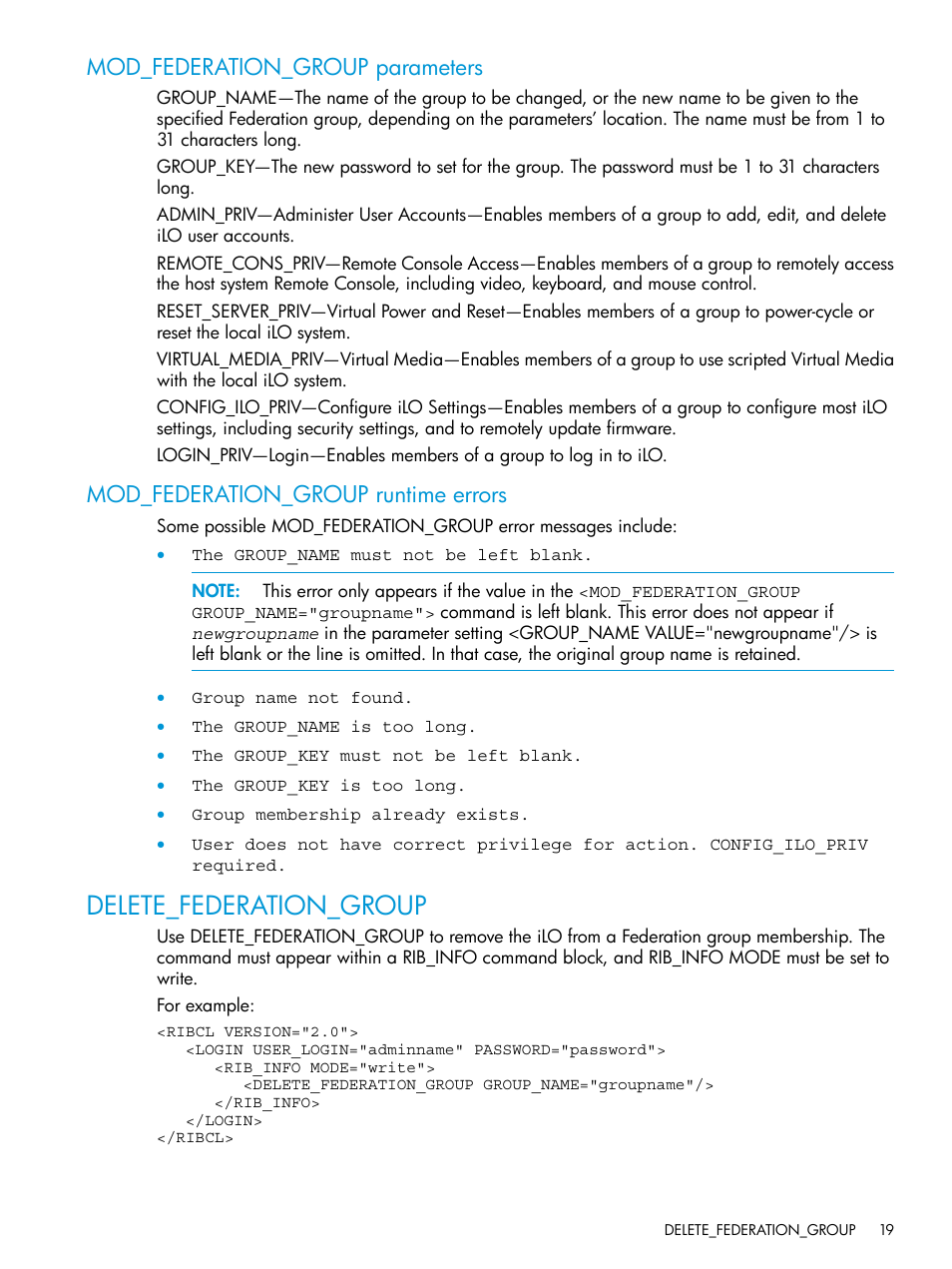 Mod_federation_group parameters, Mod_federation_group runtime errors, Delete_federation_group | HP Integrated Lights-Out 4 User Manual | Page 19 / 45