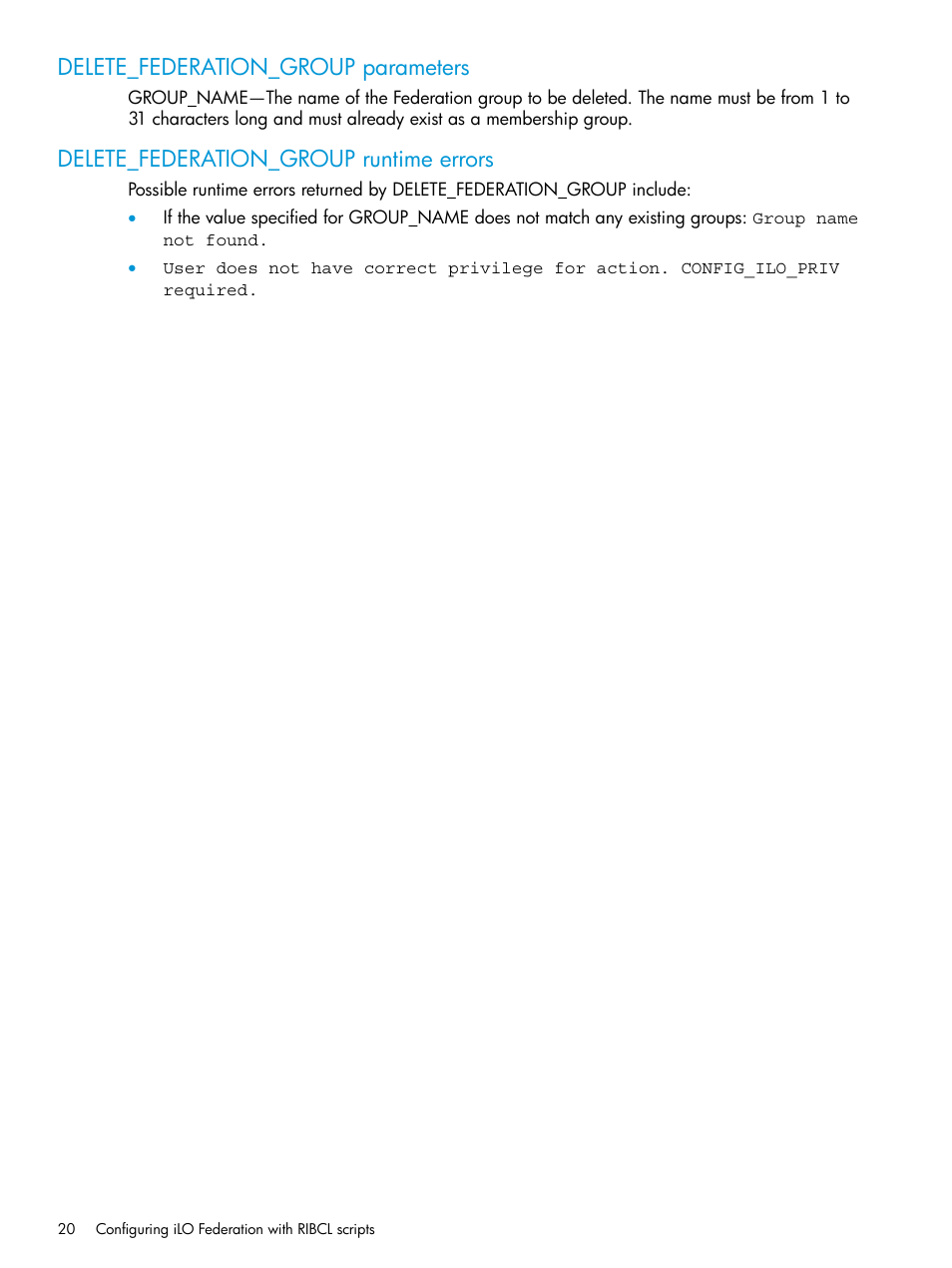 Delete_federation_group parameters, Delete_federation_group runtime errors | HP Integrated Lights-Out 4 User Manual | Page 20 / 45