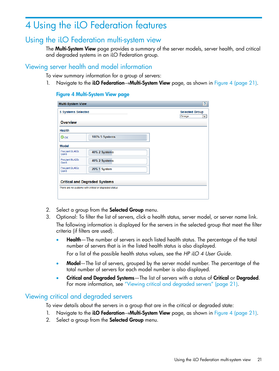 4 using the ilo federation features, Using the ilo federation multi-system view, Viewing server health and model information | Viewing critical and degraded servers | HP Integrated Lights-Out 4 User Manual | Page 21 / 45