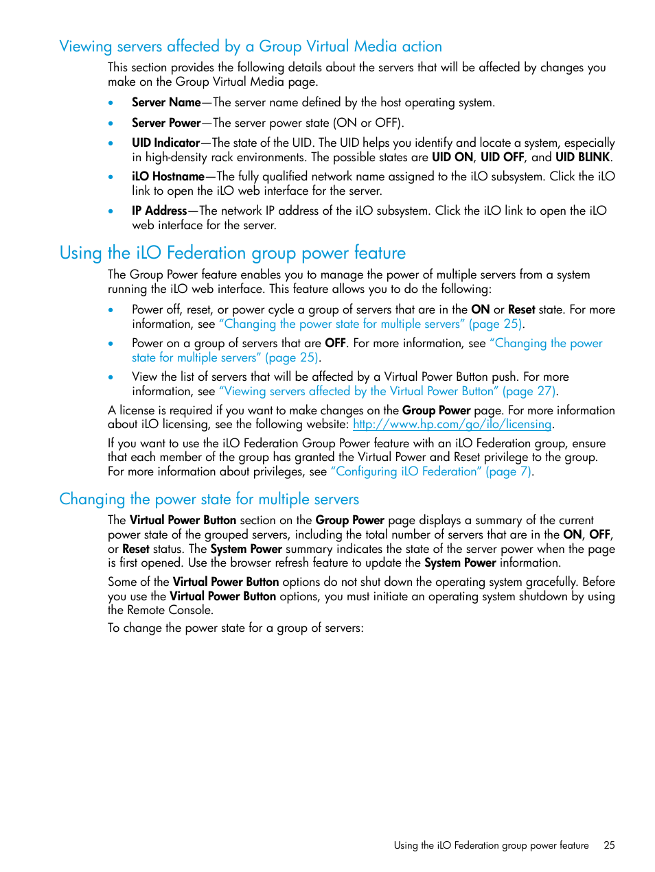 Using the ilo federation group power feature, Changing the power state for multiple servers | HP Integrated Lights-Out 4 User Manual | Page 25 / 45