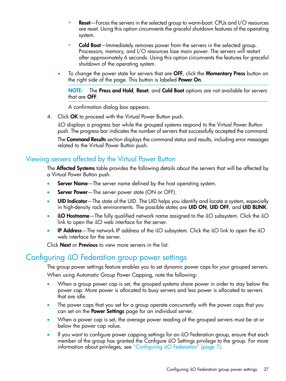 Configuring ilo federation group power settings, Viewing servers affected by | HP Integrated Lights-Out 4 User Manual | Page 27 / 45