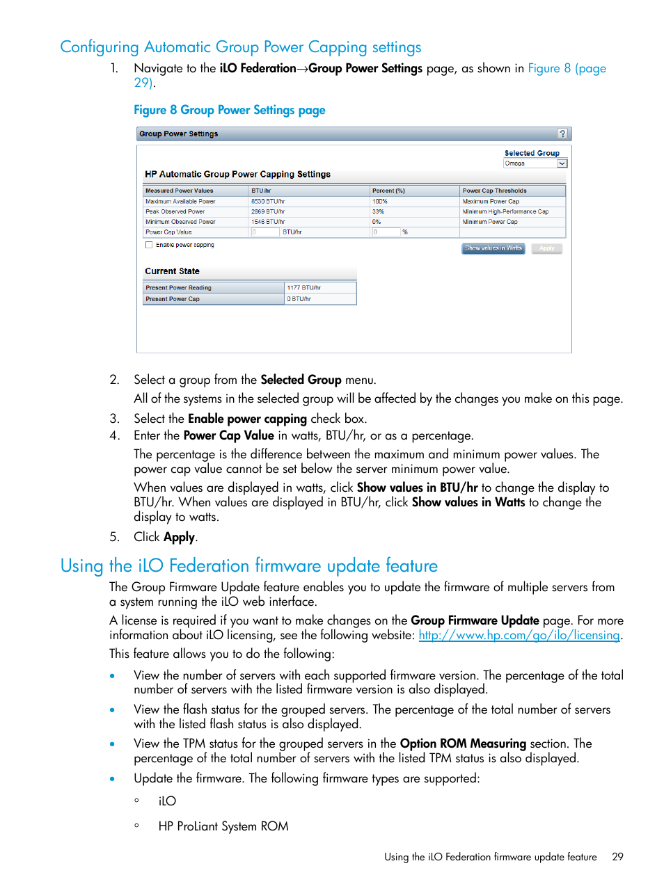 Configuring automatic group power capping settings, Using the ilo federation firmware update feature | HP Integrated Lights-Out 4 User Manual | Page 29 / 45