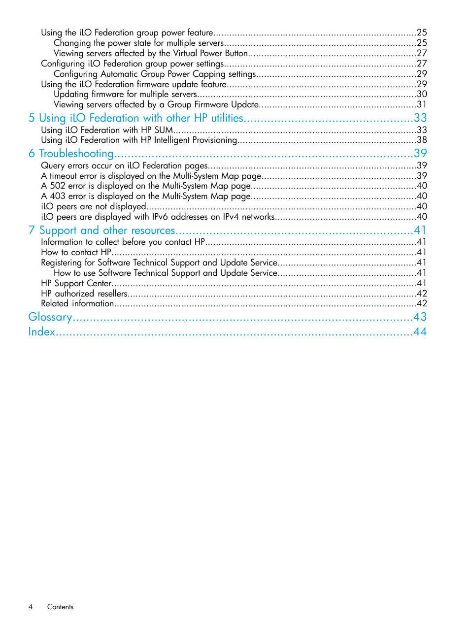5 using ilo federation with other hp utilities, 6 troubleshooting, 7 support and other resources | Glossary index | HP Integrated Lights-Out 4 User Manual | Page 4 / 45