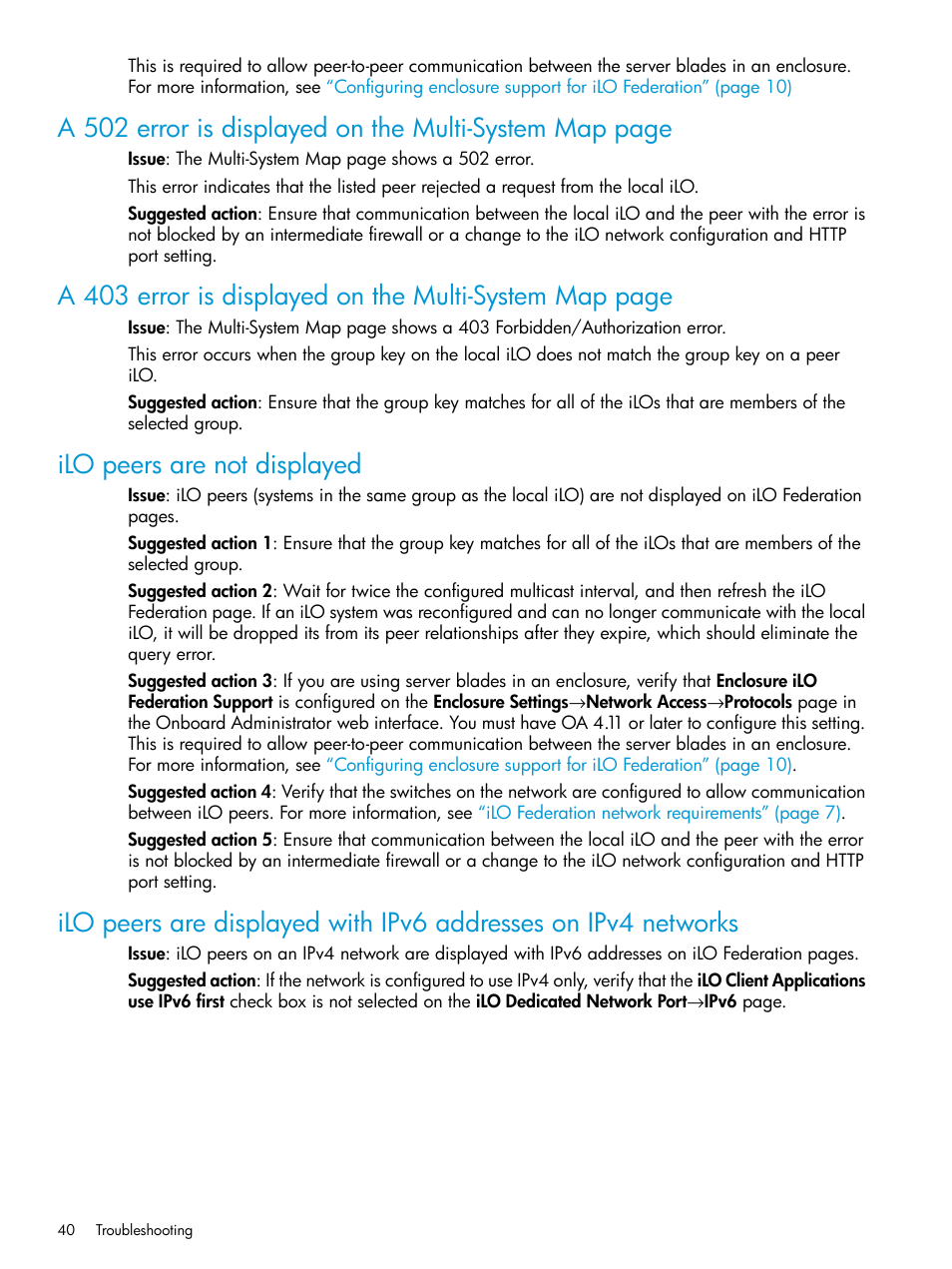 Ilo peers are not displayed, A 403 error is displayed on the, A 502 error is displayed on the multi-system | HP Integrated Lights-Out 4 User Manual | Page 40 / 45
